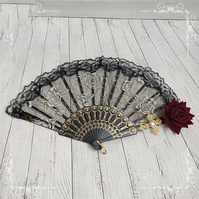 (Buy for me) Cocoa Sauce~Gothic Lolita Lace Gorgeous Folding Fan black fan+wine red rose  