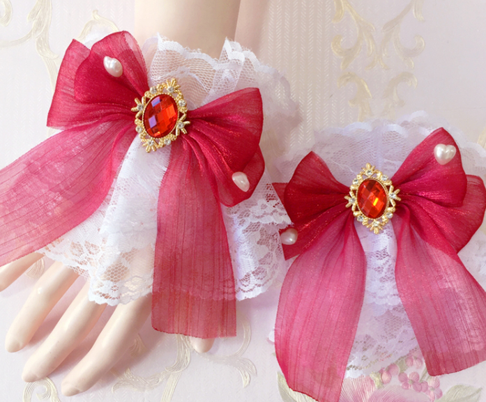 Sakura Home - Sweet Lolita Handmade Lace Bows Cuffs Dark Red Cuffs (a pair)