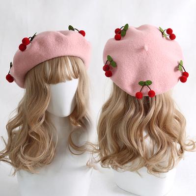 Xiaogui - Cherry Round Red Lolita Beret Multicolors M（56-58cm） red cherry+pink beret