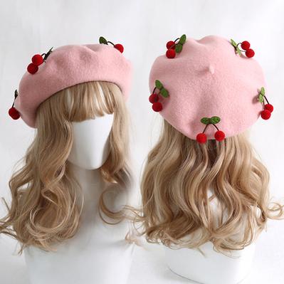 Xiaogui~Cherry Round Red Lolita Beret Multicolors M（56-58cm） red cherry+pink beret 