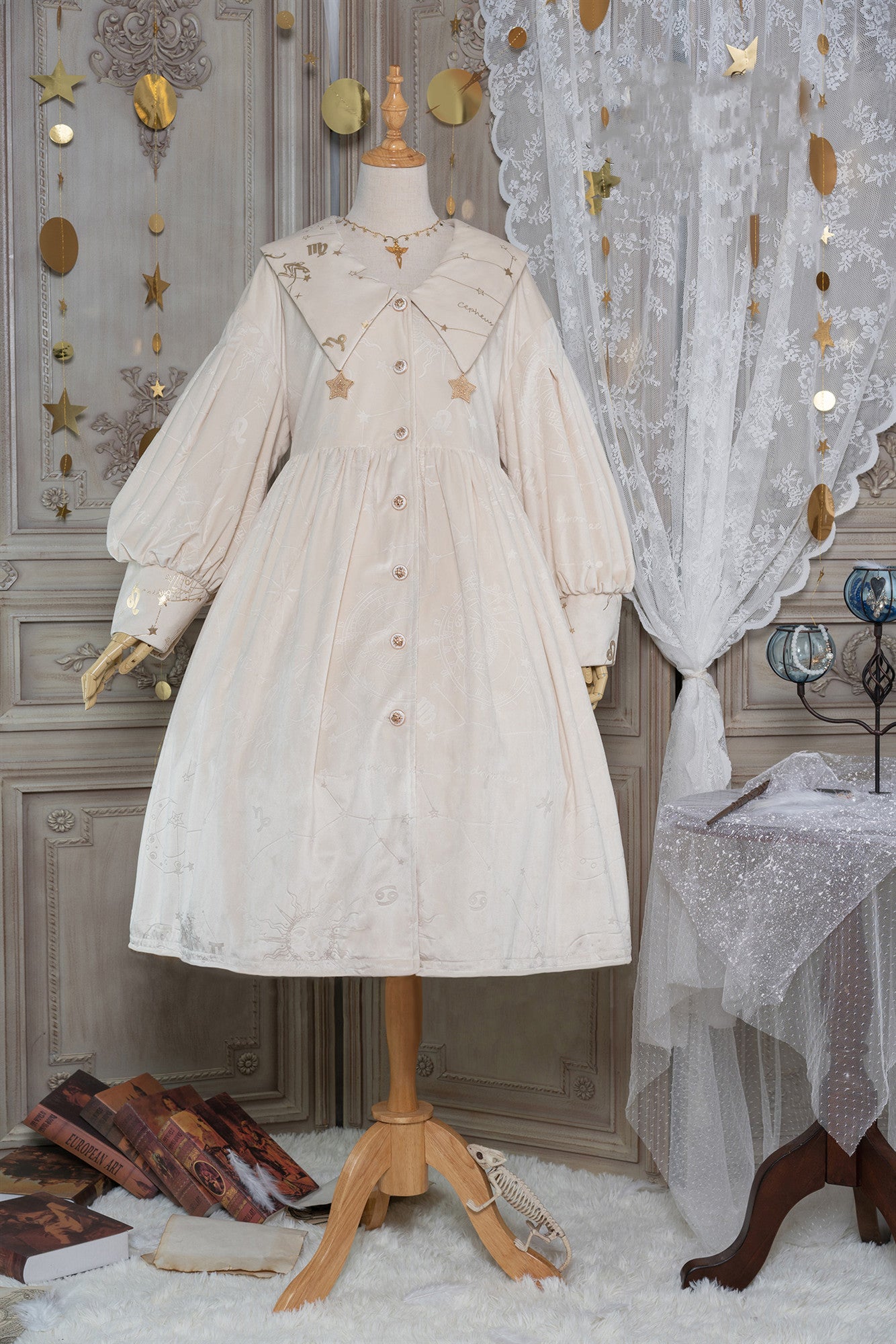 Boguta~Stargazer~French Lolita Winter Velvet OP Dress Free size white dark fringe without gold stars trimming 