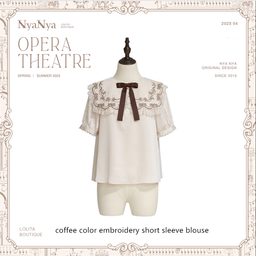 (Buyforme)NyaNya~Opera Theater Retro and Elegant Lolita JSK Set free size embroidery collar  short sleeve blouse- coffee color 