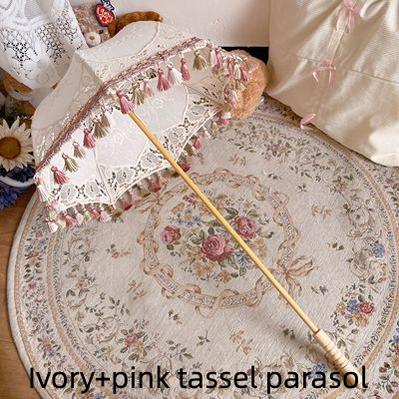 LongMao Lolita~Hollow Embroidered Lace Lolita Parasol Multicolors ivory+pink tassel parasol  