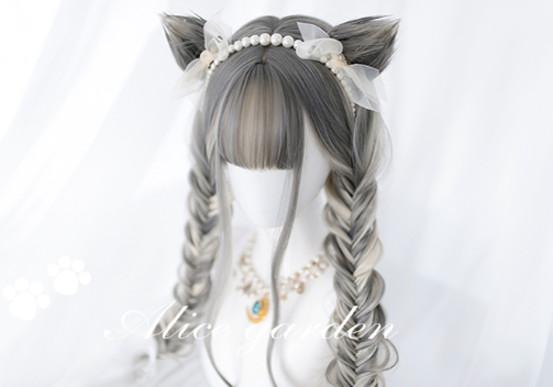 Alicegarden~Harajuku Style Cat Ear Gradient Light Grey Curly Wig short wig+ cat ear clip  