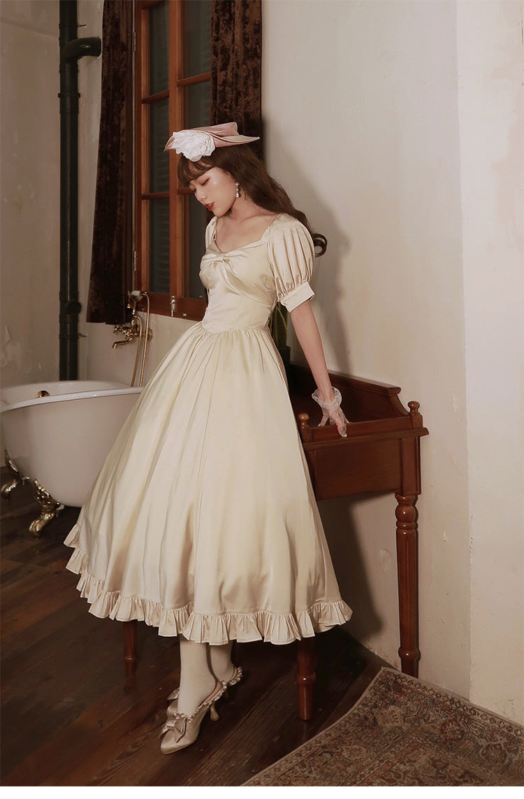 Beleganty~Miss Rebecca~Pure Color Elegant Lolita OP Dress S satin beige-long version 