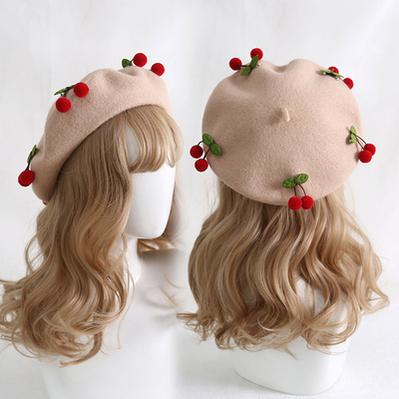 Xiaogui~Cherry Round Red Lolita Beret Multicolors M（56-58cm） red cherry+ivory beret 
