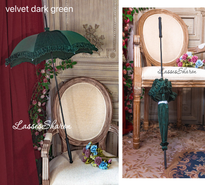 Handmade European Style Vintage Flounce Lolita Parasol Multicolors pagoda-shape velvet dark green 