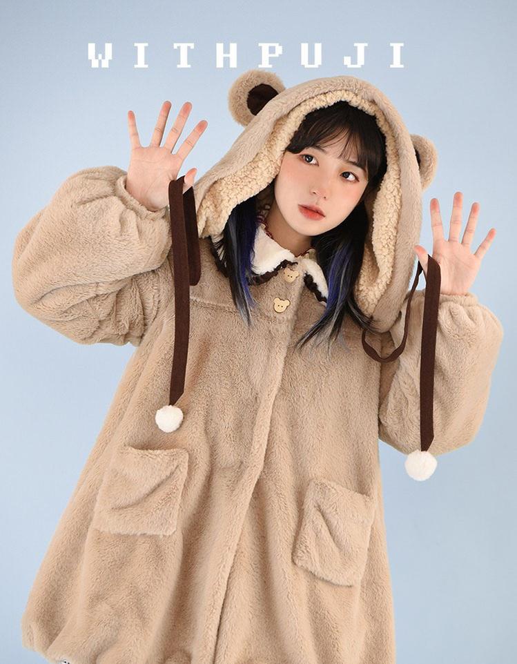 With Puji~Bear Coco Tea~Thick Lamb Wool Lolita Warm Coat   