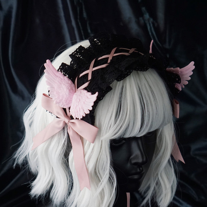 Strange Sugar - Black Wings Halloween Goth Lolita Hairband Black With Pink Hairband (pink wing)