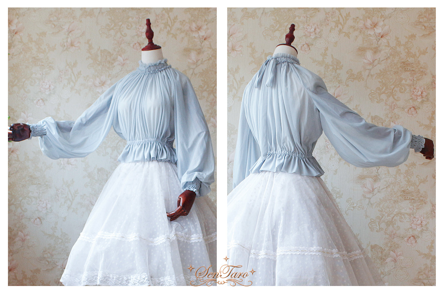 SenTaro - Little Pudding - Long Puff Sleeve Lolita Blouse One Size light gray blue (in stock)