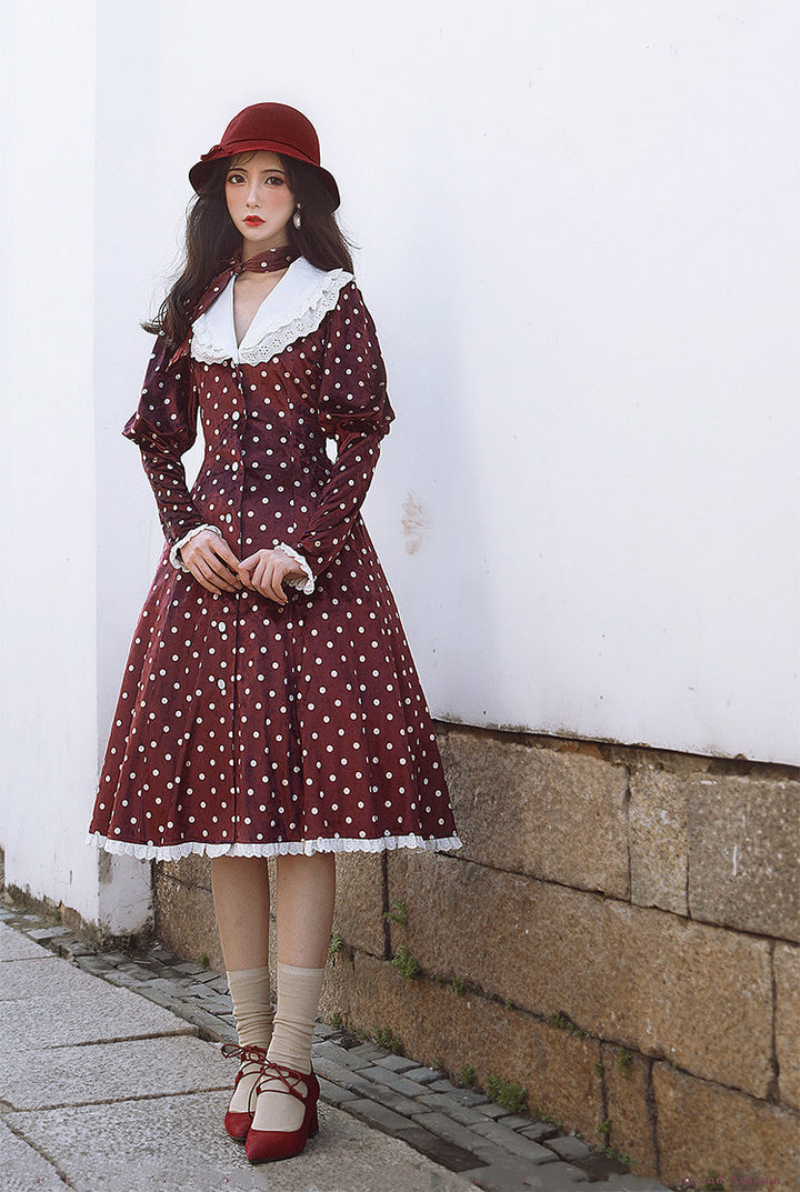 Beleganty ~ Retro Elegant Polka Dots Lolita Dress XS 2.0 burgundy polka dots 