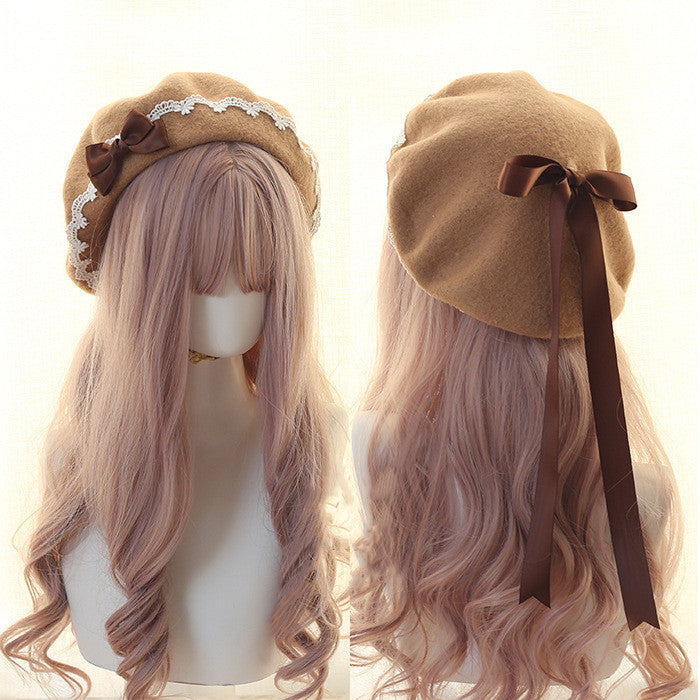 Xiaogui~Japanese Style Sweet Woolen Lolita Lace Beret coffee bow (camel hat)  