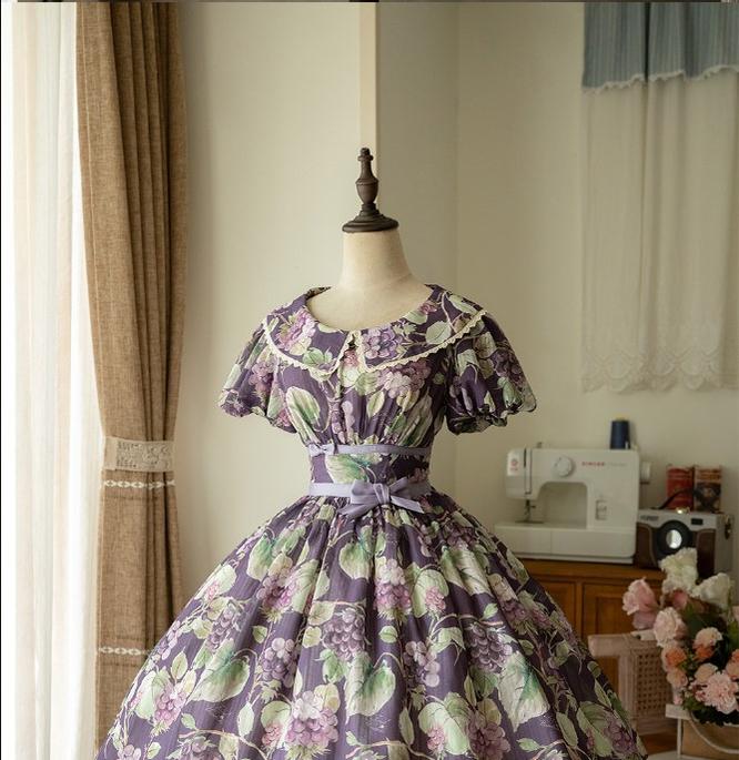 Forest wardrobe~Forest Small Grape~Retro Lolita Summer Dress S Round-neckline OP dress purple