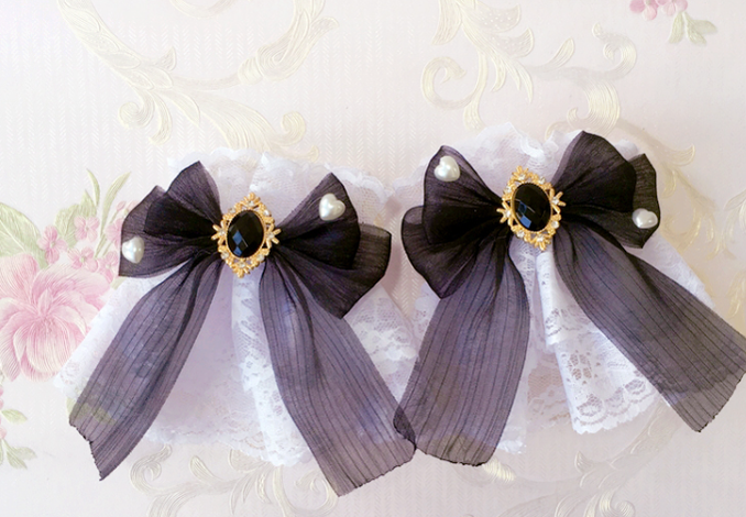 Sakura Home - Sweet Lolita Handmade Lace Bows Cuffs Black Cuffs (a pair)