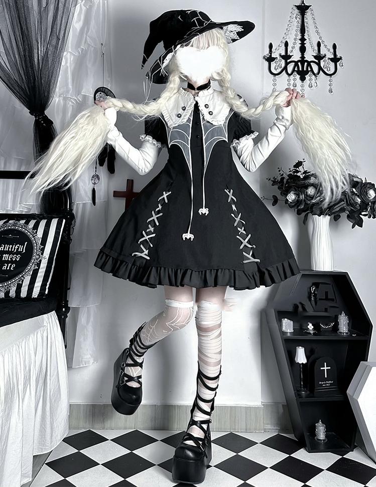 ZhiJinYuan - Spider Witch - Gothic Lolita Dark-theme Cobweb Unique OP