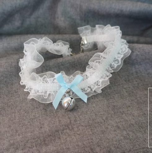 MaoJiang Handmade - Kawaii Lolita Lace and Bell Choker light blue