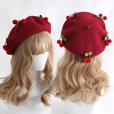 Xiaogui~Cherry Round Red Lolita Beret Multicolors M（56-58cm） red cherry+burgundy beret 