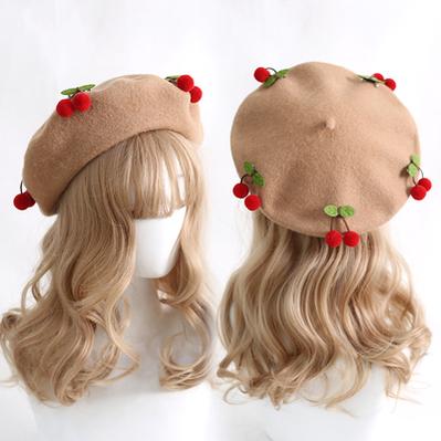 Xiaogui - Cherry Round Red Lolita Beret Multicolors M（56-58cm） red cherry+khaki beret