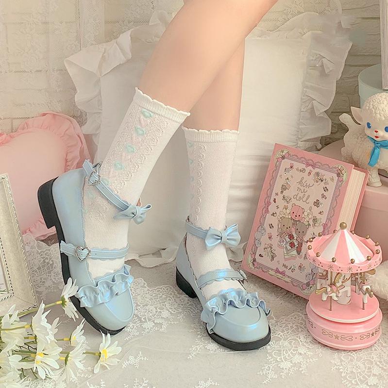 Sheep Puff - Mei Lulu - Lolita Japanese Lace Single Shoes 34 light blue