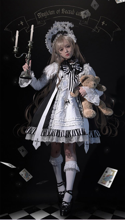 CastleToo~Holy College Magician~Gothic Lolita Black and White OP   