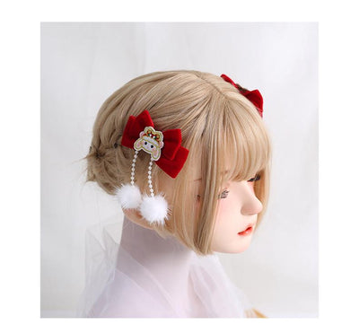 Xiaogui~Han Lolita Bow Red Hair Clips Sweet Headdress   