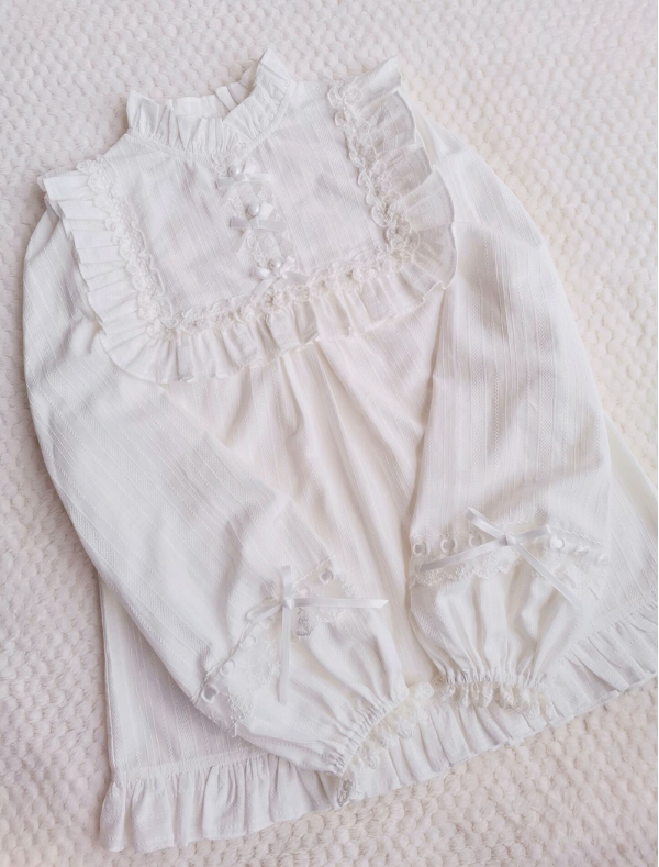 Yilia~Cotton Lolita Lace Long Sleeve White Blouse   