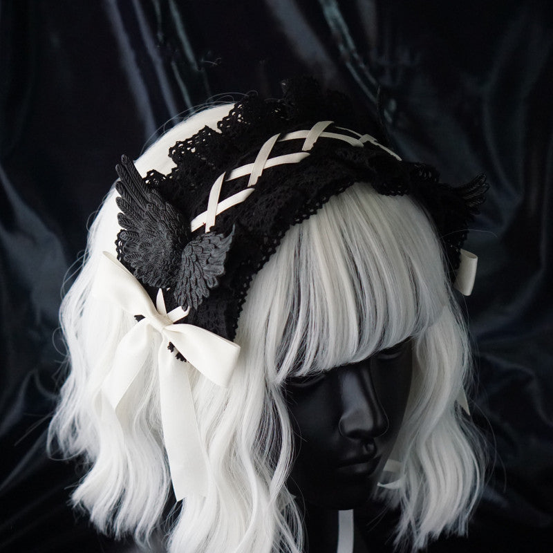 Strange Sugar - Black Wings Halloween Goth Lolita Hairband Black With White Hairband (black wing)