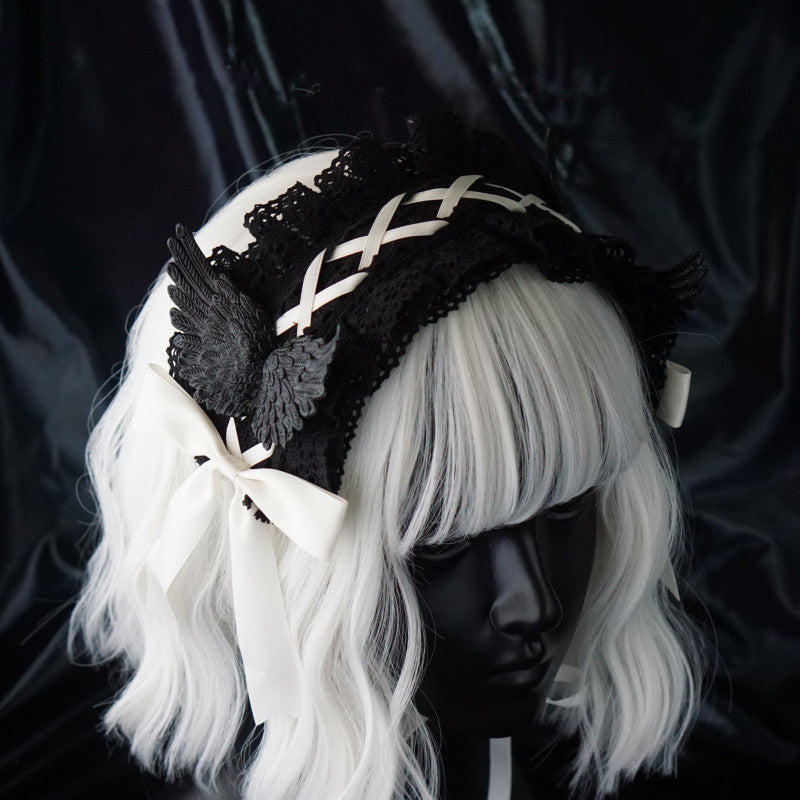 Strange Sugar~Black Wings Halloween Goth Lolita Hairband black with white hairband (black wing)  