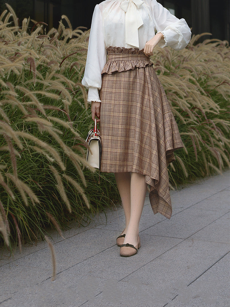 Beleganty ~ Vintage Irregular Ruffle Lolita Skirt XS maple plaid (short version) 