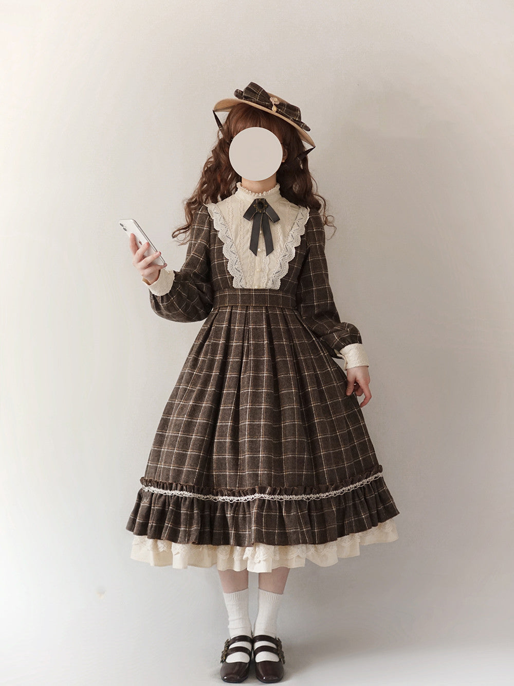 Miss Point~Rose Silhouette 3.0~Plaid Vintage Classic Lolita OP XS dark blown plaid (2XL L M S XL XS) 3700:22267