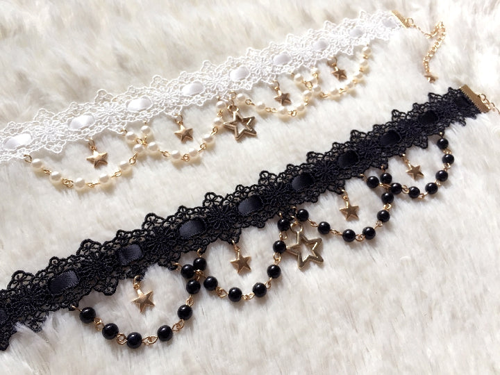 Sakuya Lolita~Whisper of Stars~Vintage Lolita Choker Black White Necklace   