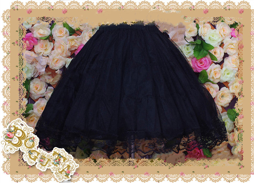 Boguta~A-line Casual Lolita Pure Cotton Lace three-layers Petticoat free size (wasit within 80cm can wear) black 35cm 