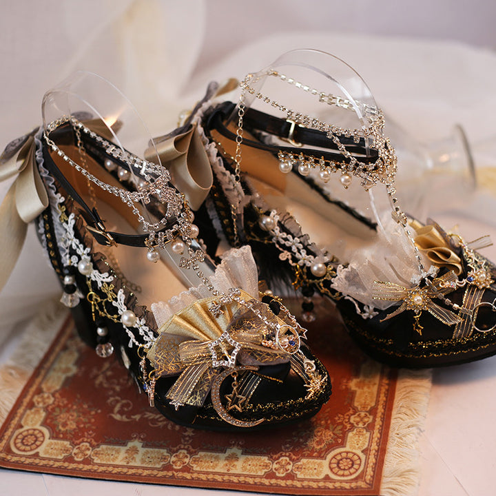 Hexagram~Constellation ~Classic High Heels Lolita Shoes 30（6cm heel height） black and gold 