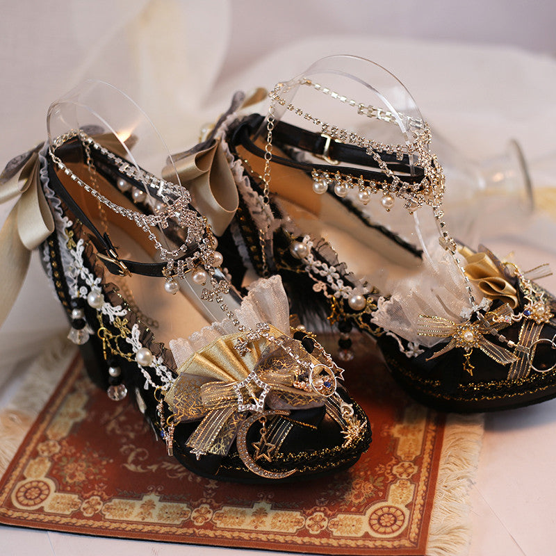 Hexagram~Constellation ~Classic High Heels Lolita Shoes 34（6cm heel height） black and gold 