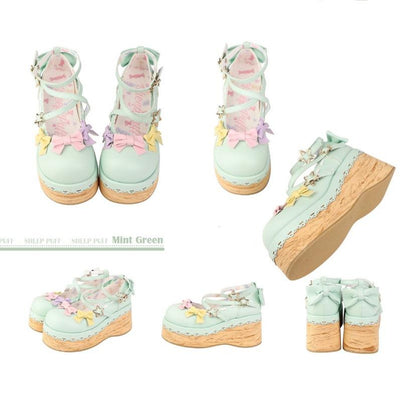 (Buy for me) Sheep Puff~Multicolors Handmade Sweet Lolita Bow Platform Shoes 34 mint green 