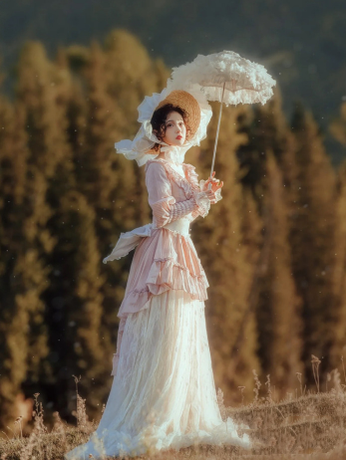 Exquisite Retro Wedding Tiered-Lace Feather Lolita Parasol   