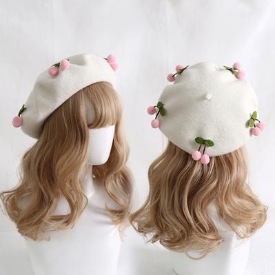 Xiaogui~Cherry Round Red Lolita Beret Multicolors M（56-58cm） pink cherry+white beret 