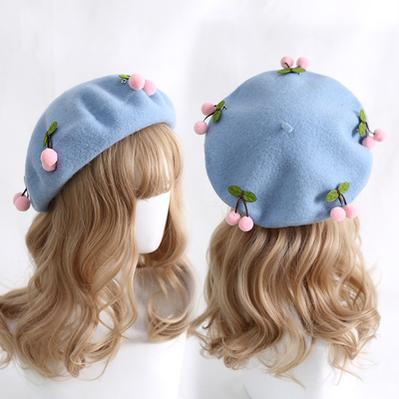 Xiaogui~Cherry Round Red Lolita Beret Multicolors M（56-58cm） pink cherry+milky blue beret 