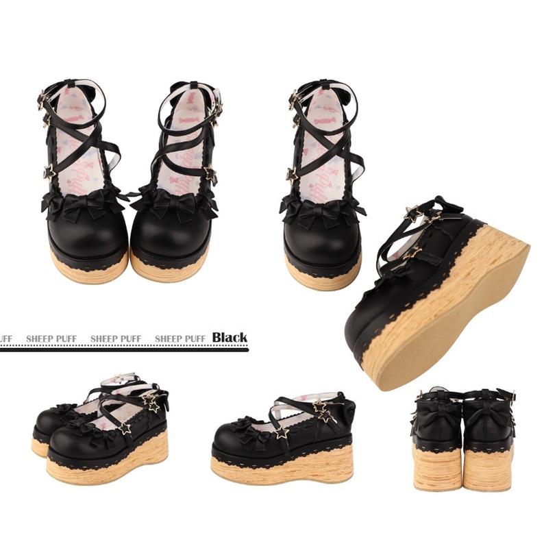 (Buy for me) Sheep Puff~Multicolors Handmade Sweet Lolita Bow Platform Shoes 34 black 