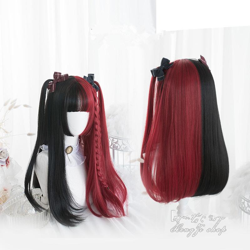 Hengji~The Split Maiden~Princess Cut Straight Lolita Wig straight wig in red and black color  