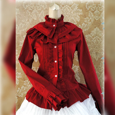 Strawberry Witch~Elegant Long Sleeve Cotton Lolita Blouse XS wine red 