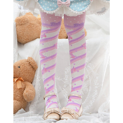Roji roji~Little Candy Cotton Lolita Knee Socks free size wide purple-pink stripe 