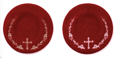 LovelyLota～Rose Cross～Rose Embroidery Wool Lolita Hat free size burgundy+gold 