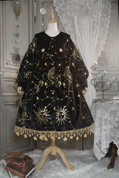 Boguta~Stargazer~French Lolita Winter Velvet OP Dress Free size black gilding with gold stars trimming 