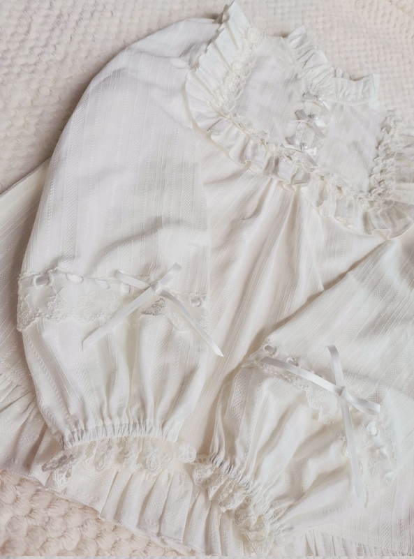 Yilia - Cotton Lolita Lace Long Sleeve White Blouse