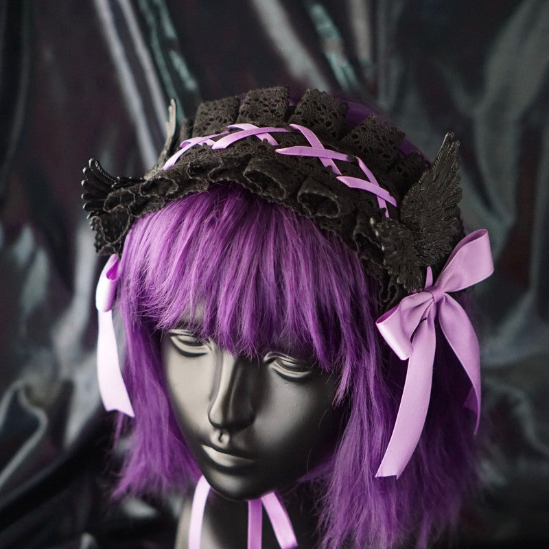 Strange Sugar - Black Wings Halloween Goth Lolita Hairband Black With Purple Hairband