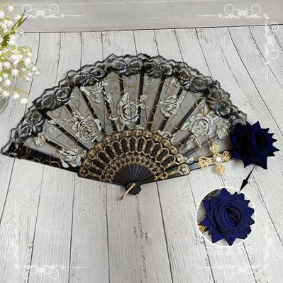 (Buy for me) Cocoa Sauce~Gothic Lolita Lace Gorgeous Folding Fan black fan+navy rose  