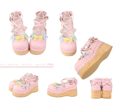 (Buy for me) Sheep Puff~Multicolors Handmade Sweet Lolita Bow Platform Shoes 34 pink 