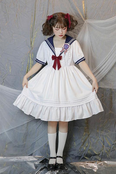 CastleToo~Voyage Atlantis Sailor Lolita Prince Shorts/OP Set L white&blue female dress set(dress+bow tie+badge) 