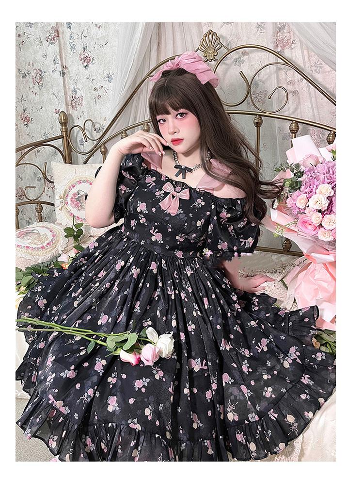 Yingtang~Plus Size Lolita Floral Print Lolita Dress   
